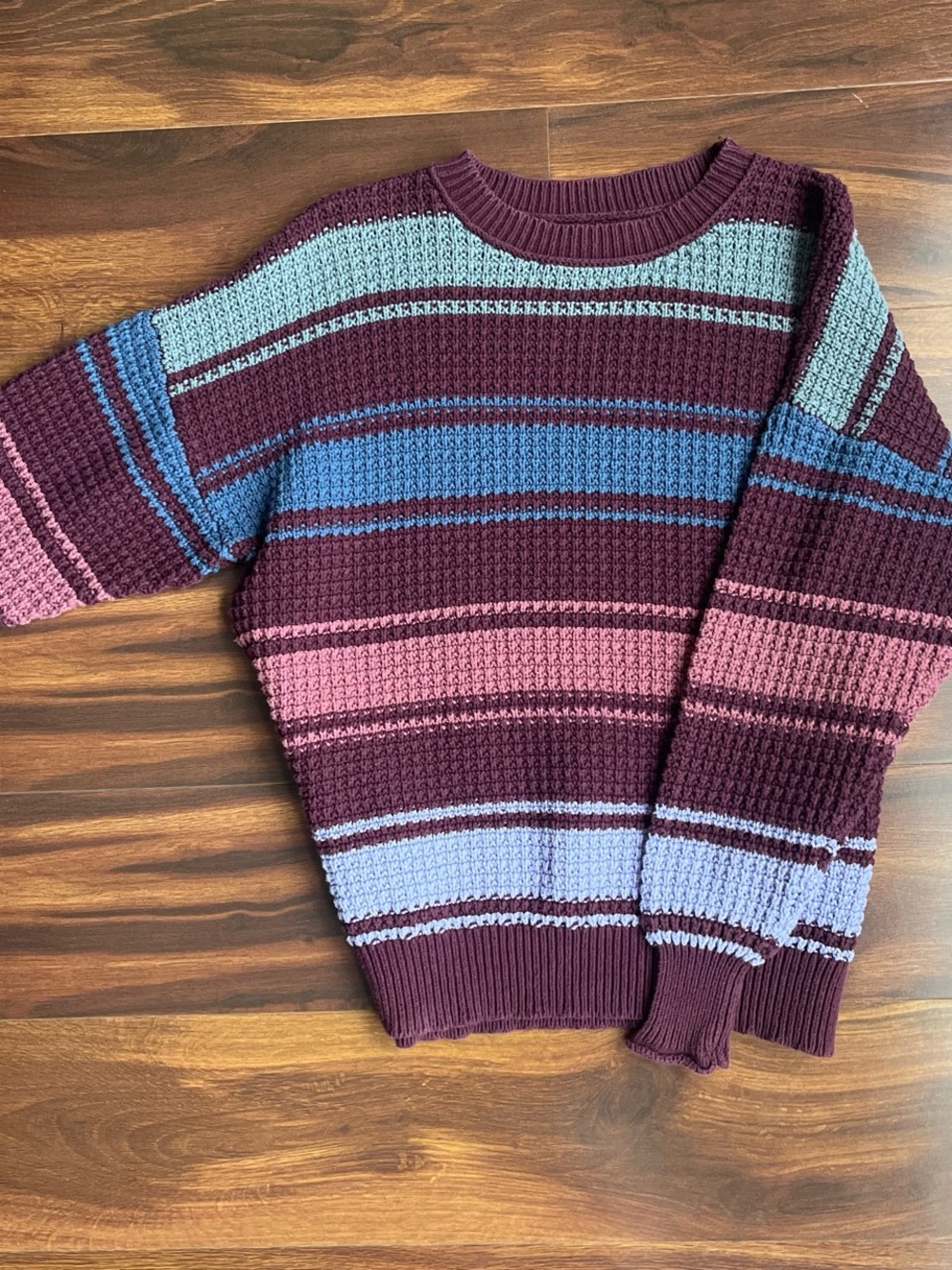 Aeropostale Striped Waffle Knit Sweater - Burgundy, Blue & Pink